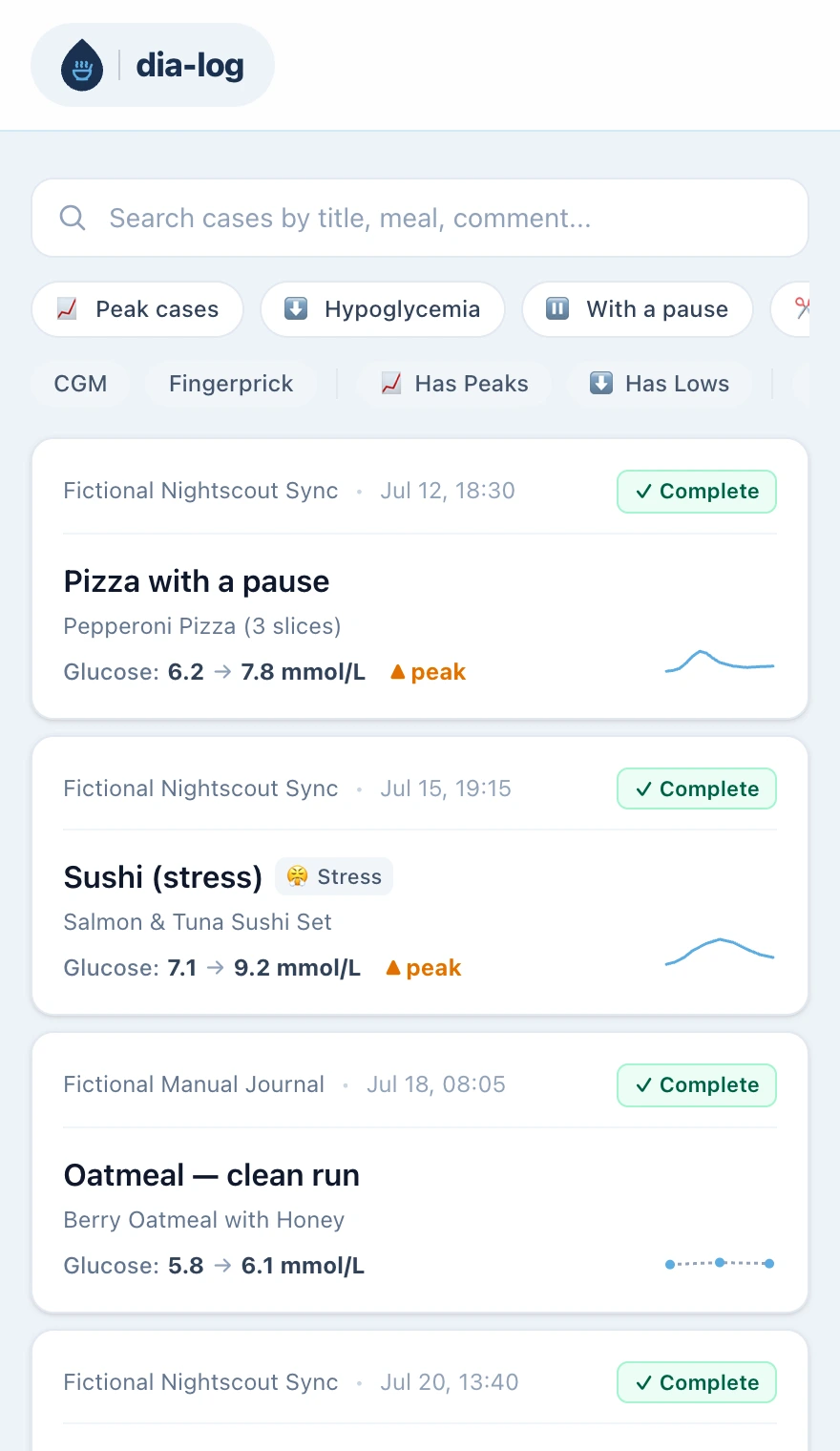 Case catalogue showing search, situation filters, and record completeness badges