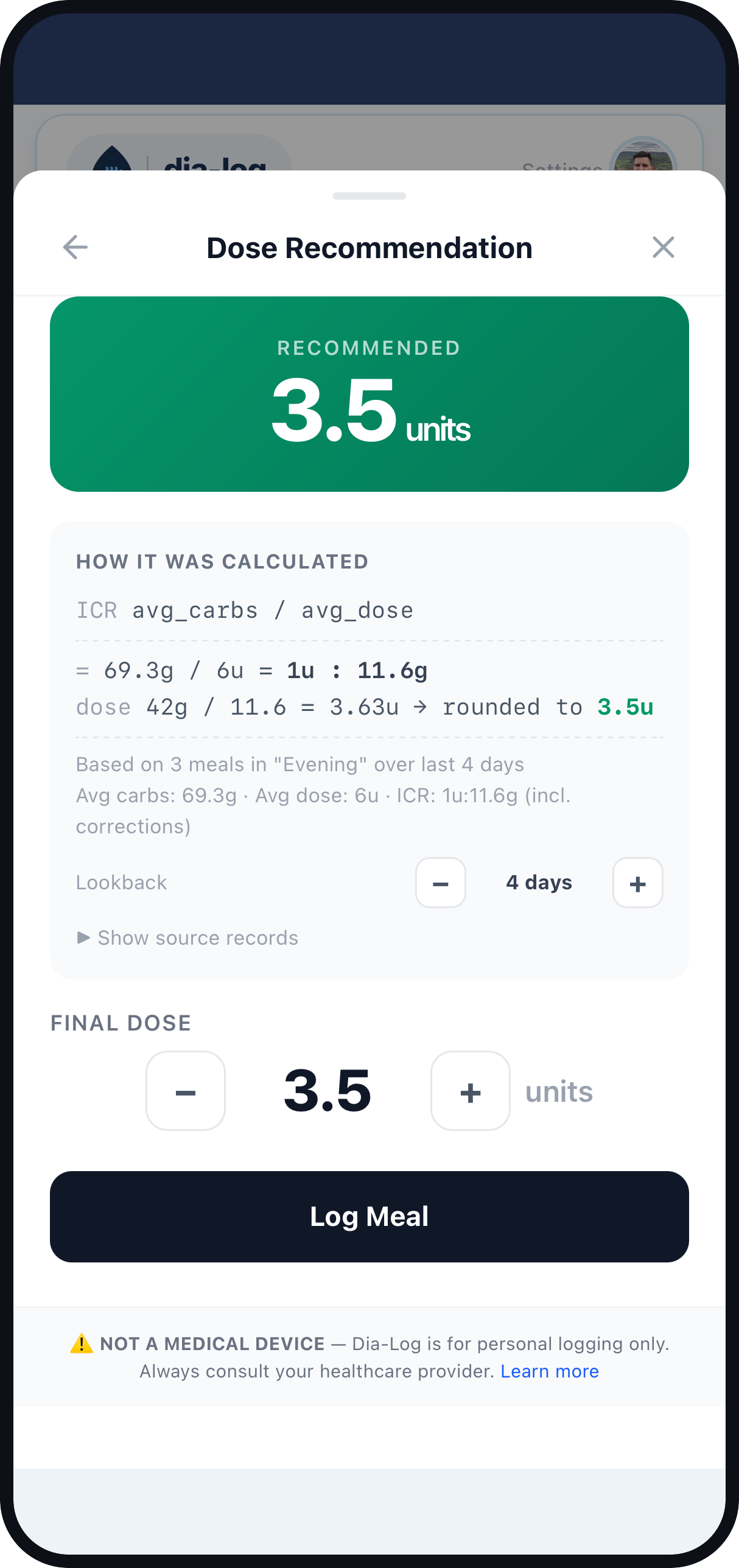 Dose recommendation screen